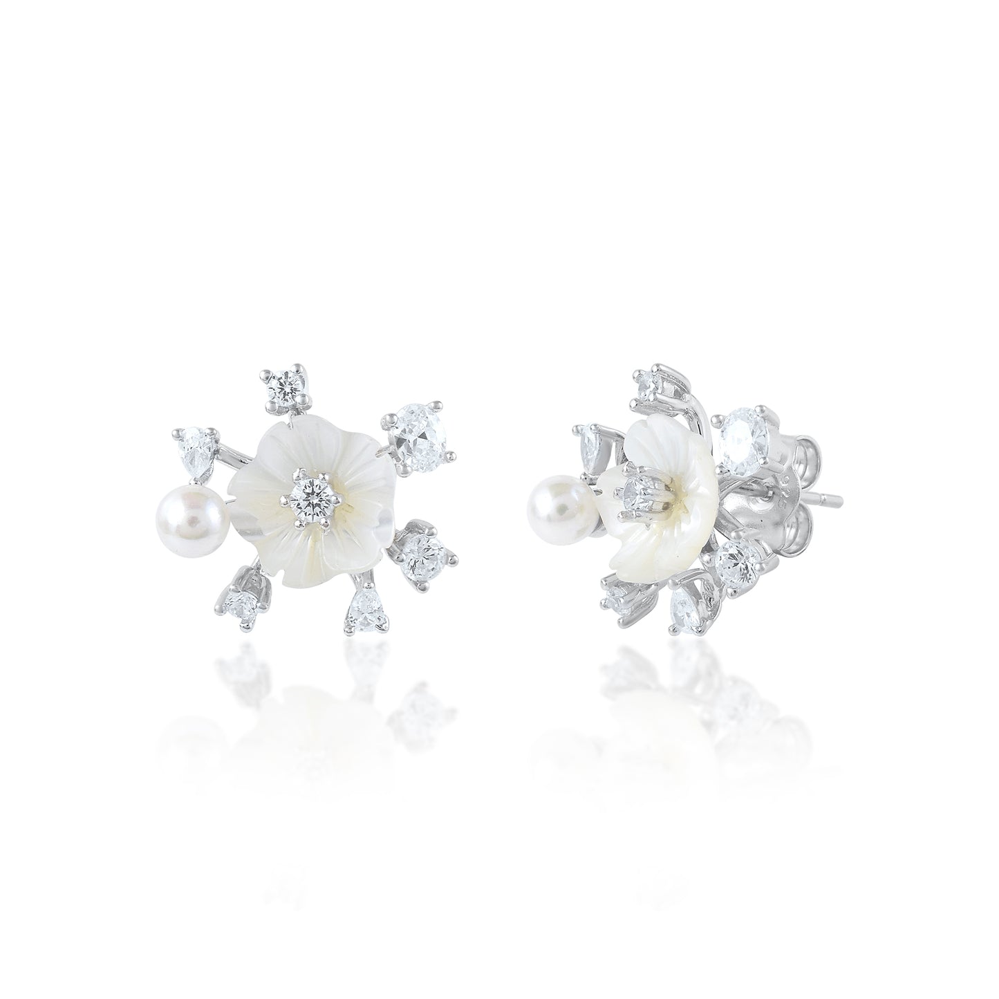 Ariva Silver Floral Pearl Stud Earrings Ariva