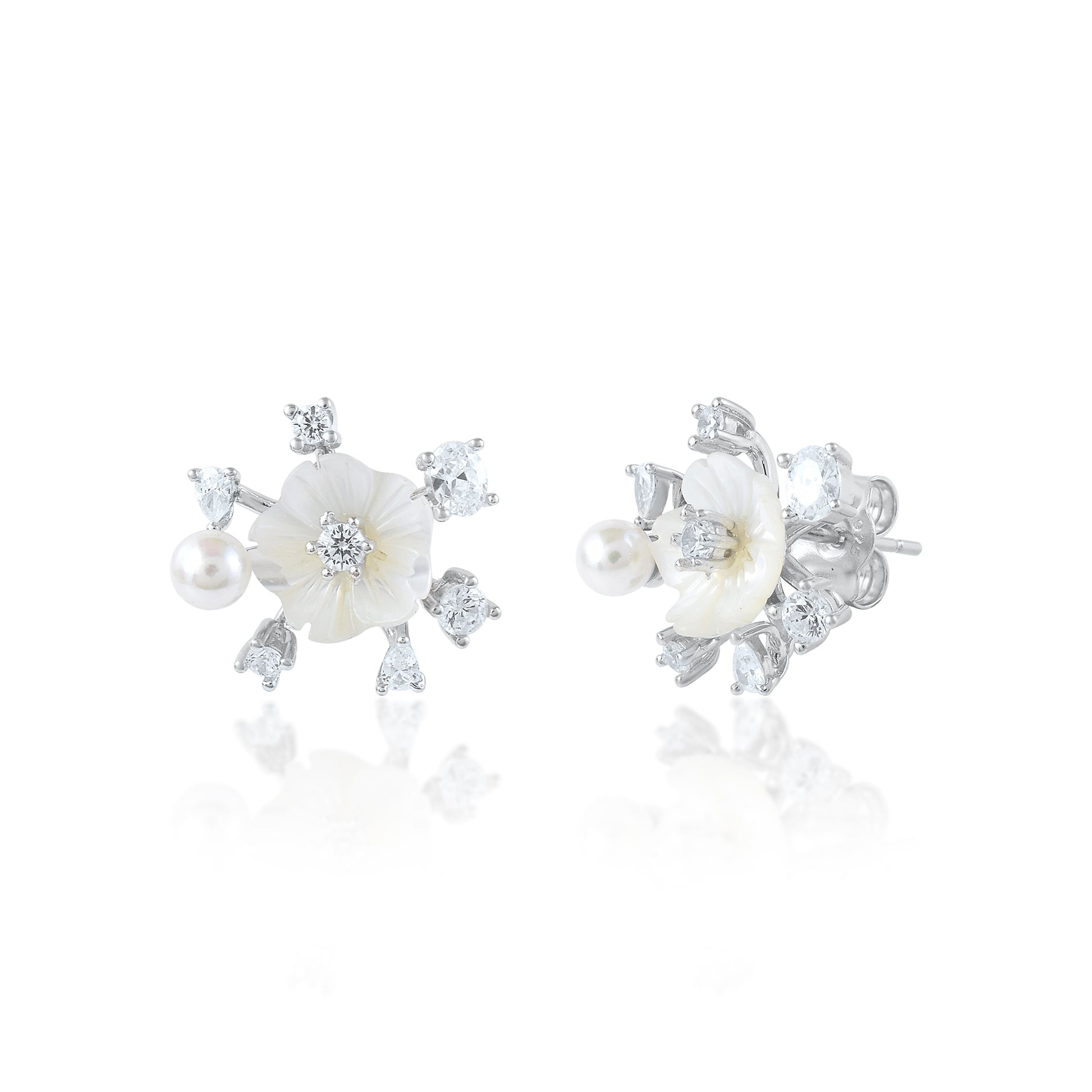 Ariva Silver Floral Pearl Stud Earrings Ariva