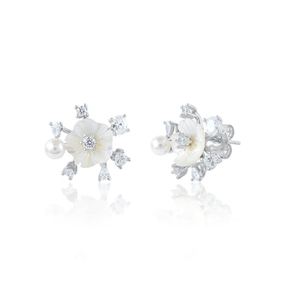 Ariva Silver Floral Pearl Stud Earrings Ariva