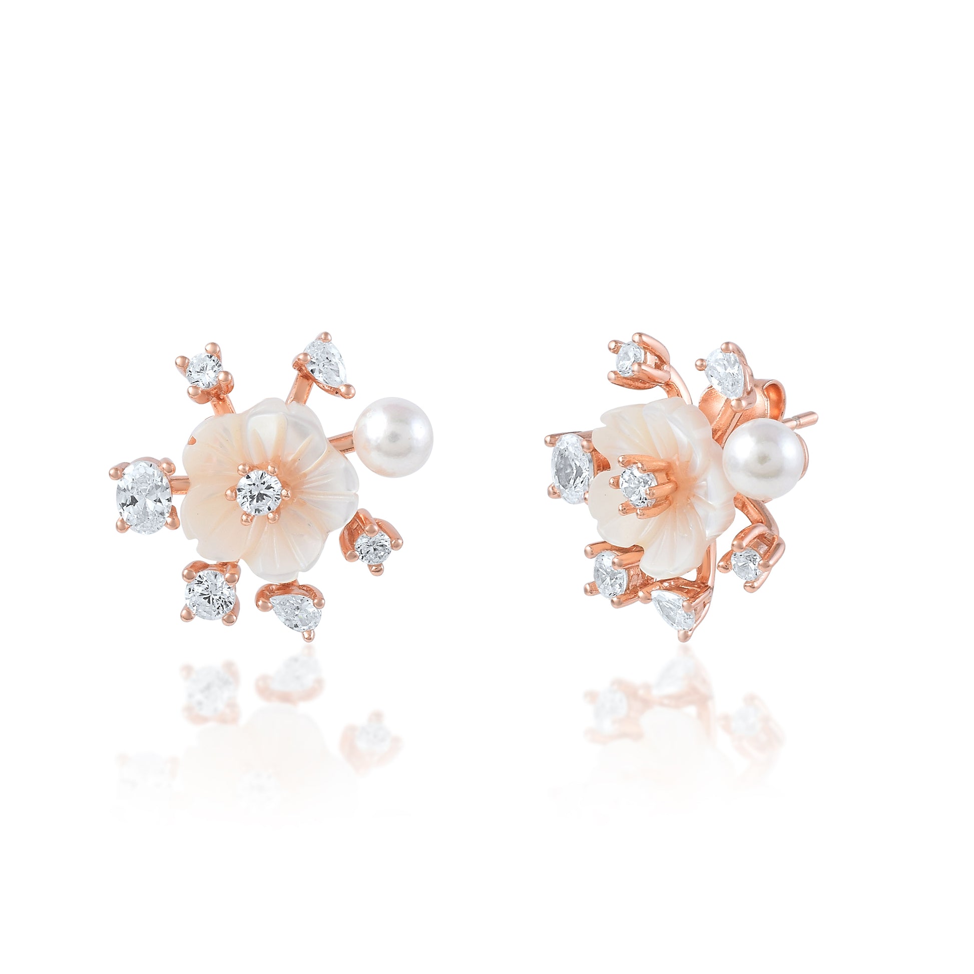 Ariva Silver Rose Gold Floral Pearl Stud Earrings Ariva